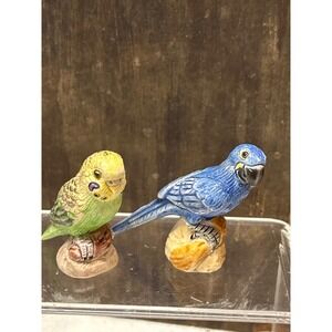 CC Peru Miniature‎ Ceramic Bird Figurines Set Budgie Parakeet Blue Macaw 2pc